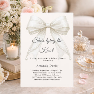 Bow ivory pearls tying the knot Bridal Shower Invitation