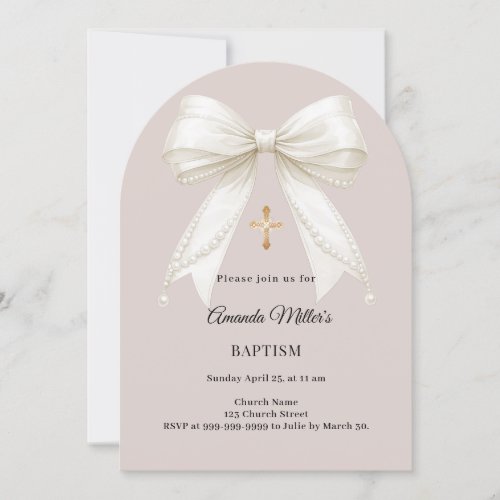 Bow ivory taupe pearls arch Baptism Invitation