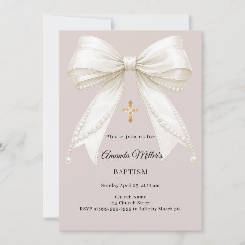 Bow ivory taupe pink pearls Baptism Invitation