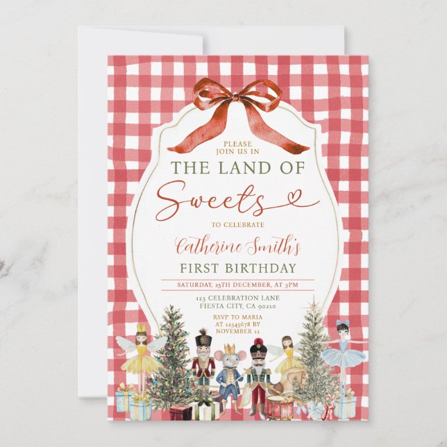 Bow Land of Sweets Birthday Nutcracker 1st Gingham Invitation (Front)