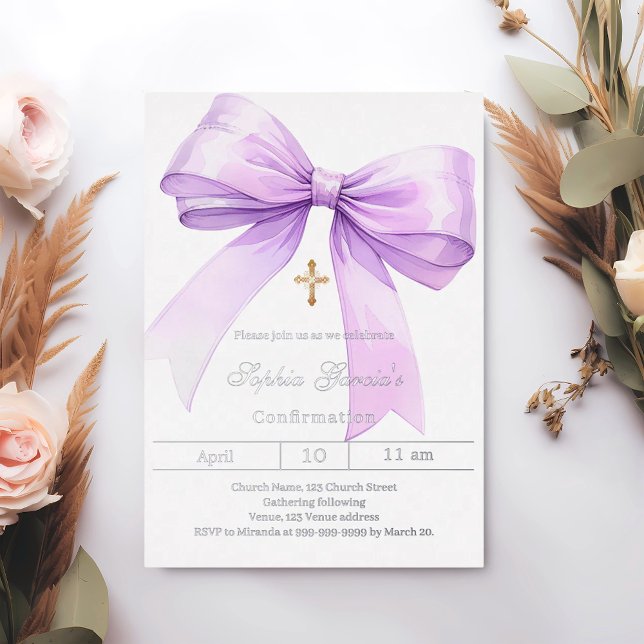 Bow lavender girl silver Confirmation Foil Invitation (Creator Uploaded)