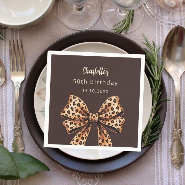 Bow leopard print bistre brown Birthday Napkins (Creator Uploaded)