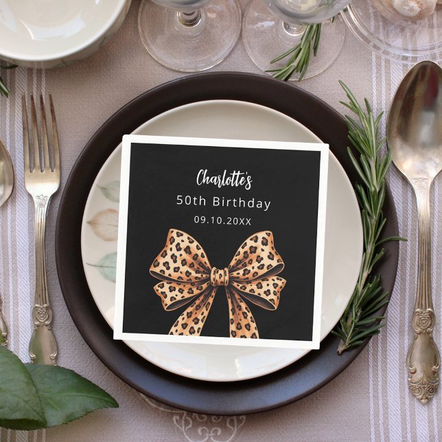 Bow leopard print black Birthday Napkins (Creator Uploaded)
