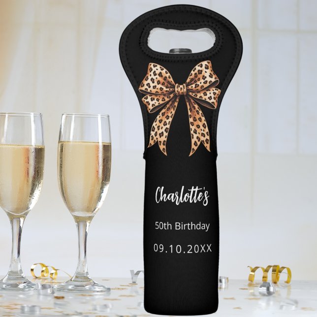 Bow leopard print black Birthday Party Wine Bag (Creator Uploaded)