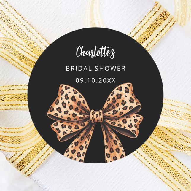 Bow leopard print black Bridal Shower Classic Round Sticker (Creator Uploaded)