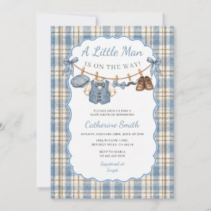 Bow Little Man Clothesline Blue Plaid Baby Shower Invitation