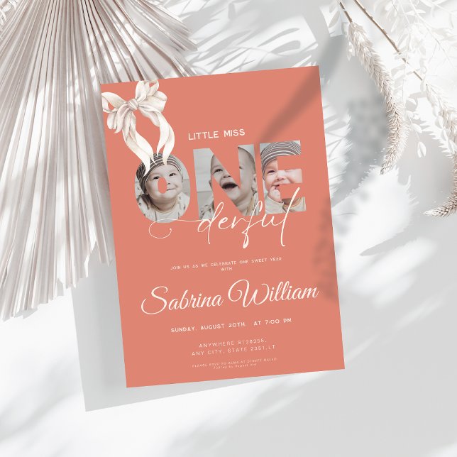 bow little miss Onederful 1st Birthday 3 photo Invitation (Creator Uploaded)