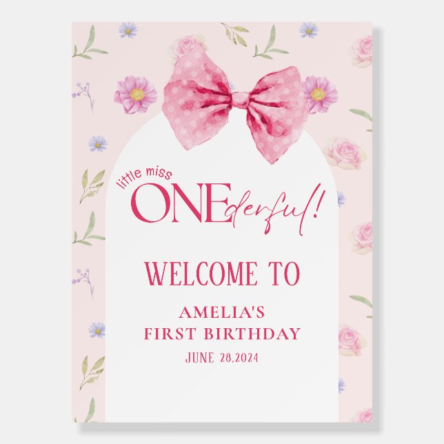 Bow little miss Onederful birthday welcome sign (Front)