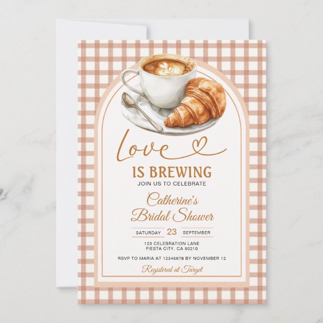 Bow Love Is Brewing Bridal Shower Brown Gingham Invitation (Front)