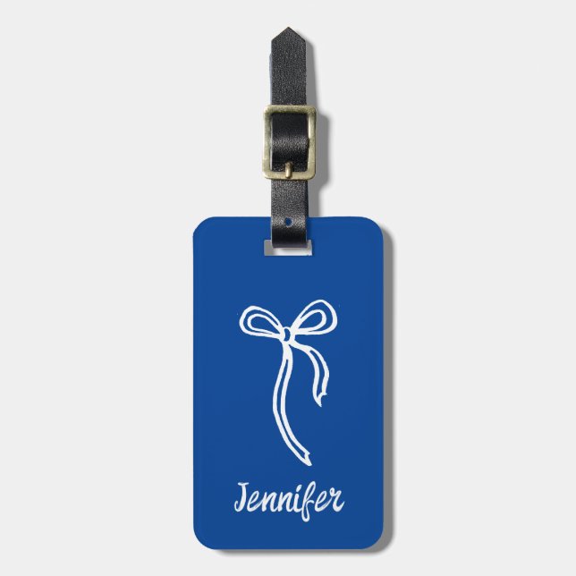 Bow luggage tag | editable blue background (Front Vertical)