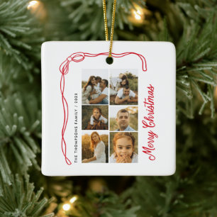 Bow Merry Christmas Family 6 Photos Ceramic Ornament