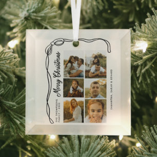 Bow Merry Christmas Family 6 Photos Glass Ornament
