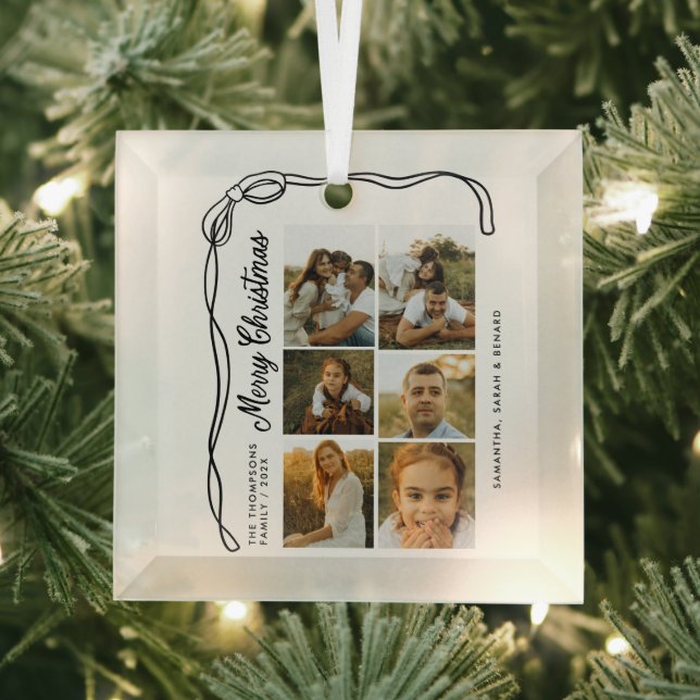 Bow Merry Christmas Family 6 Photos Glass Ornament (Insitu)