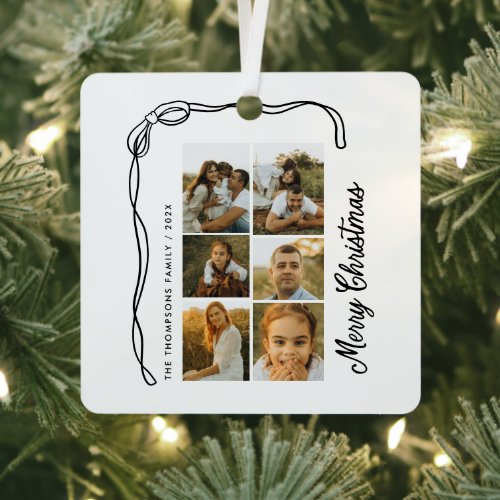 Bow Merry Christmas Family 6 Photos Metal Ornament