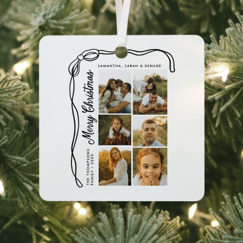 Bow Merry Christmas Family 6 Photos Metal Ornament