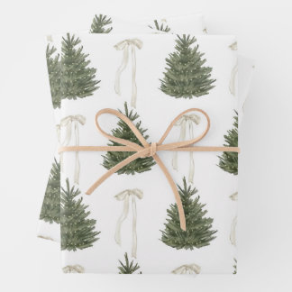 Bow Merry Christmas Watercolor Tree Wrapping Paper