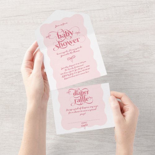 Bow Modern Minimalist Wavy Pink Girl Baby Shower All In One Invitation