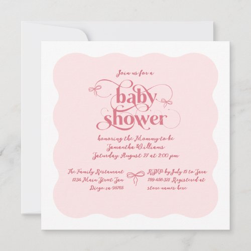 Bow Modern Minimalist Wavy Pink Girl Baby Shower Invitation