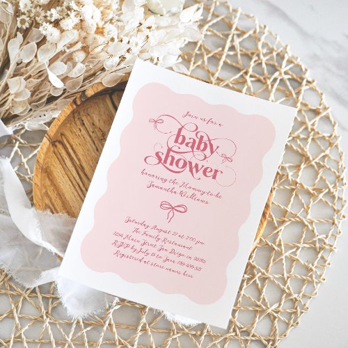 Bow Modern Minimalist Wavy Pink Girl Baby Shower Invitation