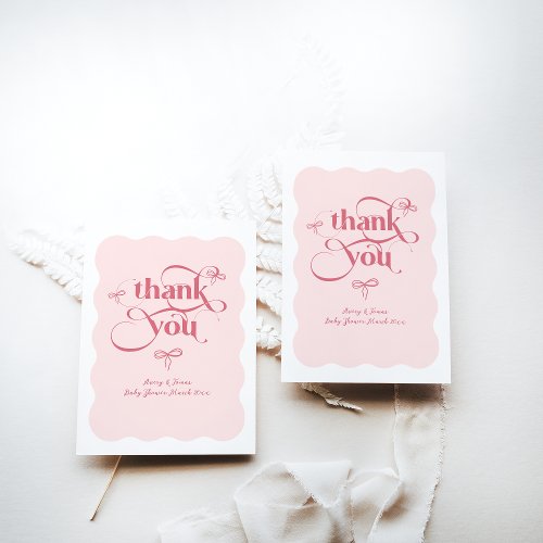 Bow Modern Minimalist Wavy Pink Girl Baby Shower Thank You Card