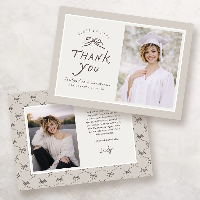 Bow Modern Photo Graduation Thank You Card (Front and Back View)