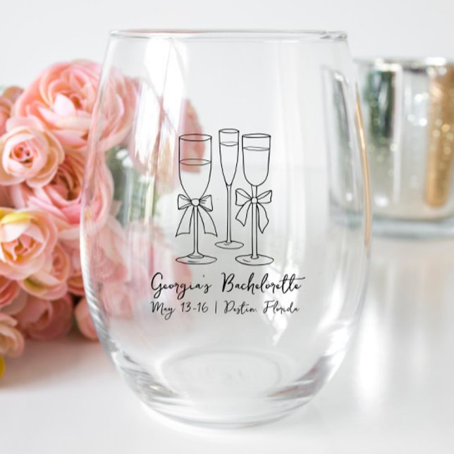 Bow Modern Script Bachelorette Party Personalized  Stemless Wine Glass (Creator Uploaded)