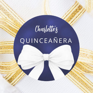Bow navy blue white Quinceanera Classic Round Sticker