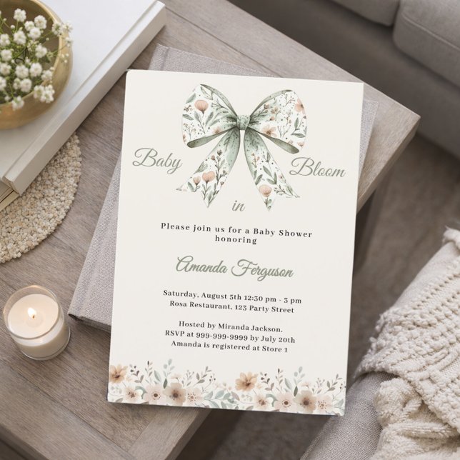 Bow neutral florals green ivory bloom Baby Shower Invitation (Creator Uploaded)