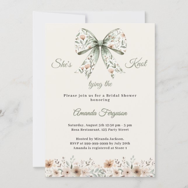 Bow neutral florals green ivory knot Bridal Shower Invitation (Front)