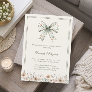 Bow neutral florals green ivory summer Baby Shower Invitation