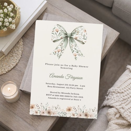Bow neutral florals summer Baby Shower invitation