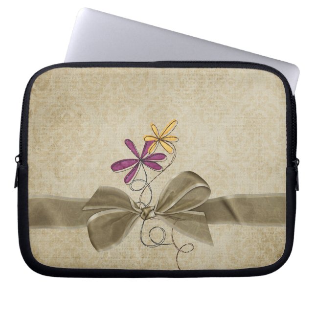 Bow on soft damask laptop sleeve (Front)