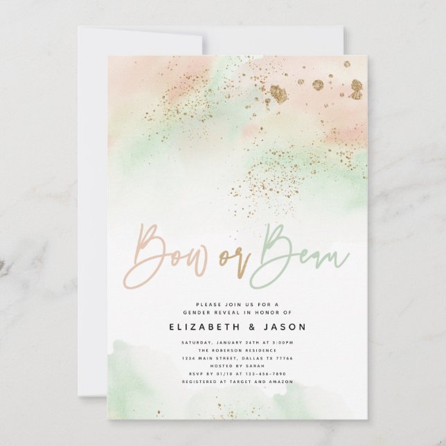  Bow or Beau Mint and Pink Gender Reveal Glitter Invitation (Front)