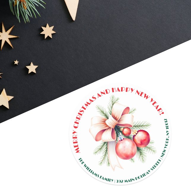 Bow Ornaments Pine Needles Christmas Address  Classic Round Sticker (Creator Uploaded)