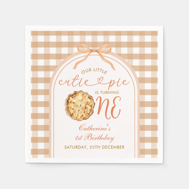 Bow Our Little Cutie Pie Fall Gingham 1st Birthday Napkins (Front)