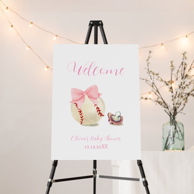 Bow Pacifier Baseball Baby Shower Welcome Sign (In Situ (Stand))