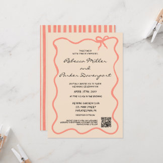 Bow Painted Pinstripes Wedding QR Code Invitation