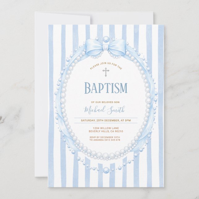 Bow & Pearl Oval Christening for Boy Invitation (Front)