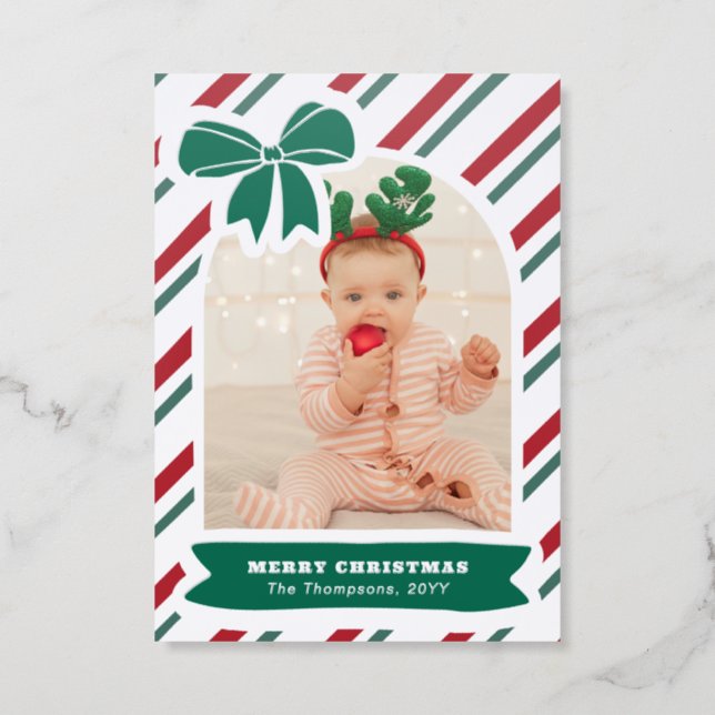 Bow Peppermint Stripes Arch Photo Merry Christmas Letterpress Photo Cards (Front)