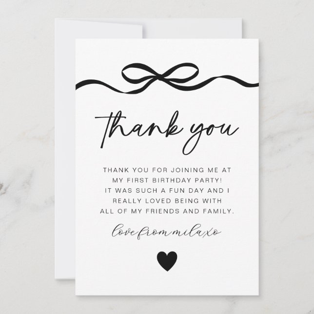 Bow Photo 1st Birthday Thank You Card (Front)