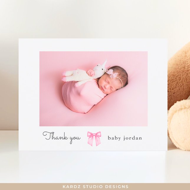 Bow Photo Script Girl Baby Shower Thank You Postcard (Front and back of the Postcard shown, add your baby's name, picture, and message.)