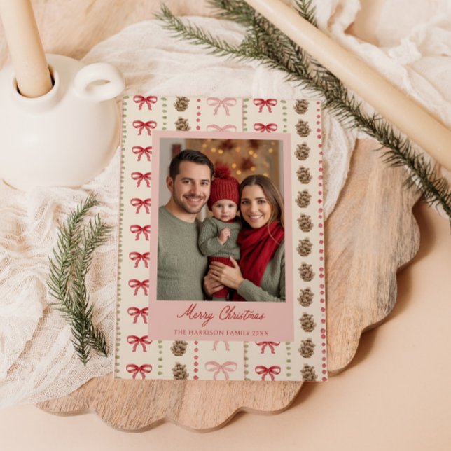 Bow Pinecone Pattern Christmas Photo  Holiday Card (Creator Uploaded)