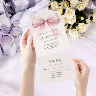 Bow pink beige cream Quinceanera rsvp All In One Invitation