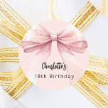 Bow pink Birthday Classic Round Sticker<br><div class="desc">A blush pink colored background. Decorated with a large bow.  Personalize and add a name. Black handwritten style script.</div>