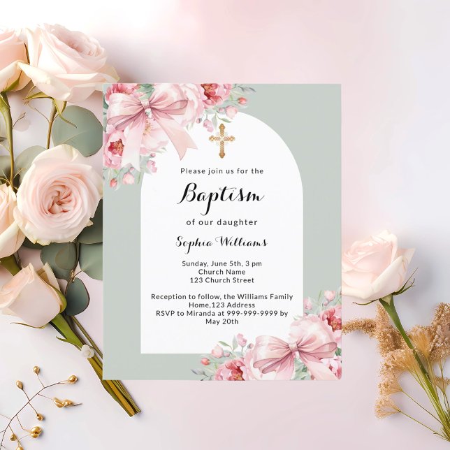 Bow pink floral arch sage green baptism invitation (Creator Uploaded)