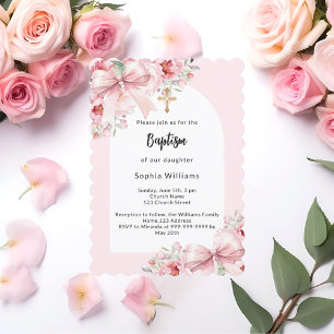 Bow pink florals arch gold cross girl baptism invitation