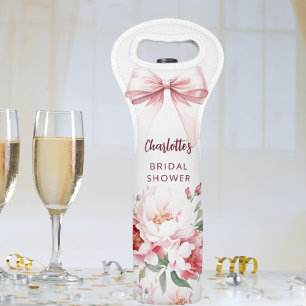 Bow pink florals bloom Bridal Shower Wine Bag