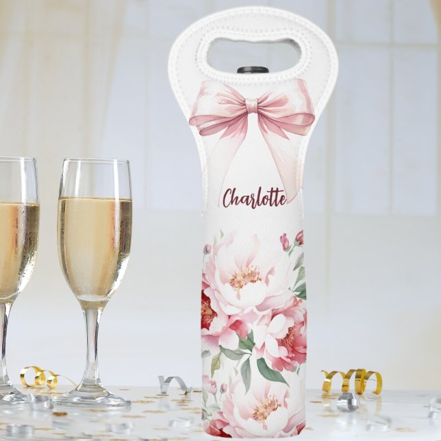 Bow pink florals bloom name elegant wine bag (Creator Uploaded)