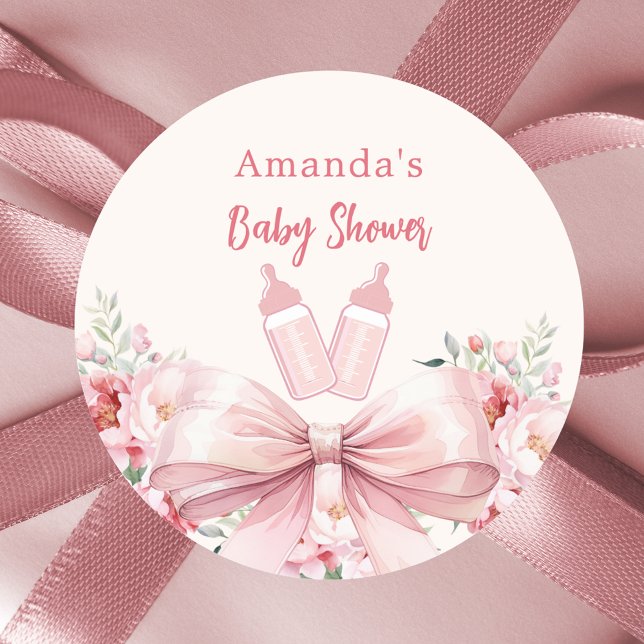 Bow pink florals bottles Baby Shower Classic Round Sticker (Creator Uploaded)