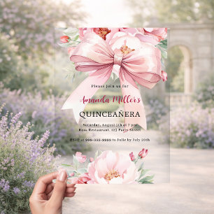 Bow pink florals clear Quinceanera Acrylic Invitations